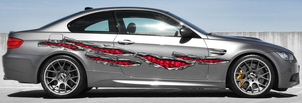 Skulls Ripped Metal Tribal Car Wrap, 3D Skulls Car Sticker, Skulls Car Decal, Skulls Car Graphics, 3D Skulls Racing Stripes Vinyl Sticker