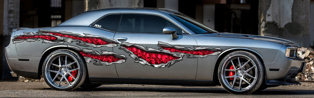 Skulls Ripped Metal Tribal Car Wrap, 3D Skulls Car Sticker, Skulls Car Decal, Skulls Car Graphics, 3D Skulls Racing Stripes Vinyl Sticker