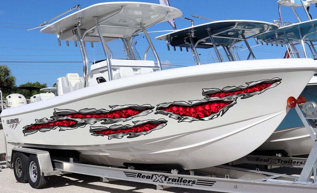 Skulls Bones Ripped Metal Vinyl Sticker, Pirate Boat Wrap, Full Color Cigar Boat Graphics Vinyl Decal, Skulls Racing Stripes Boat Graphics