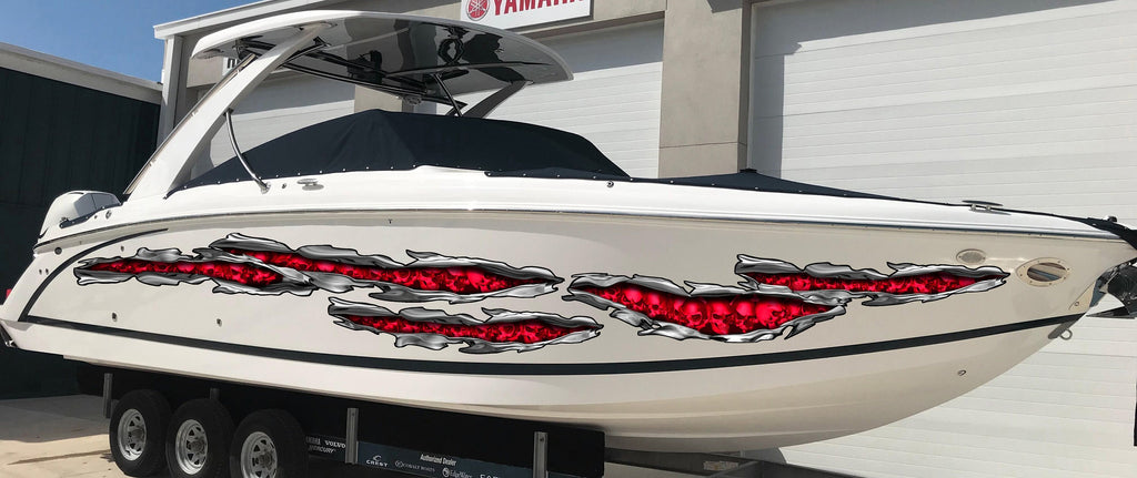 Skulls Bones Ripped Metal Vinyl Sticker, Pirate Boat Wrap, Full Color Cigar Boat Graphics Vinyl Decal, Skulls Racing Stripes Boat Graphics