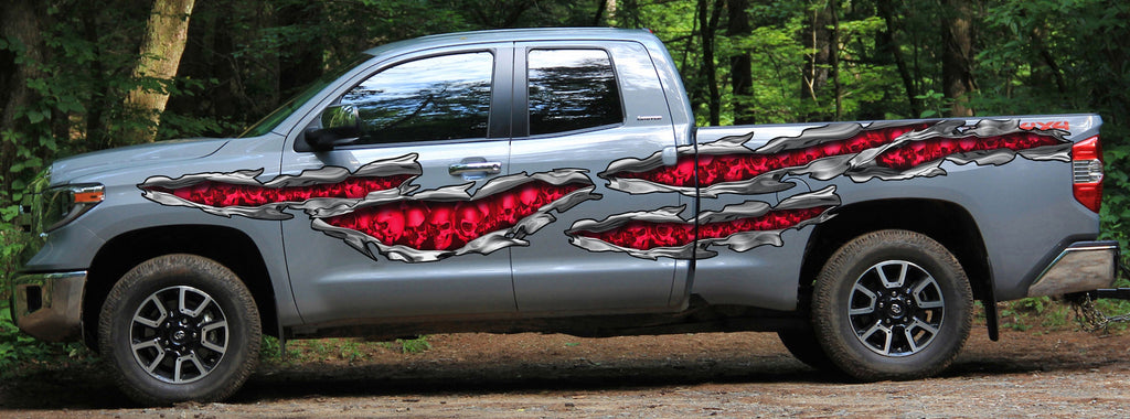 3D Pirate Skull Truck Vinyl Decal, Skulls Ripped Metal Car Wrap, Skull Racing Stripes Car Sticker, Skulls Full Color Truck Side Graphics