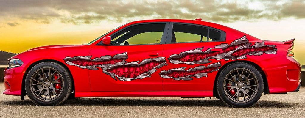 Pirate Skull Full Color Car Vinyl Design, Skulls Car Wrap, Skulls Racing Stripes Vinyl Decal, Skull Ripped Metal Car Vinyl Sticker