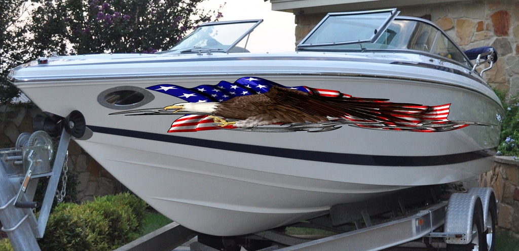 US Bald Eagle Full Color Yacht Graphics, USA Flag Tribal Watercraft Vinyl, American pride Cigar Boat Side Graphics, Patriotic Sticker