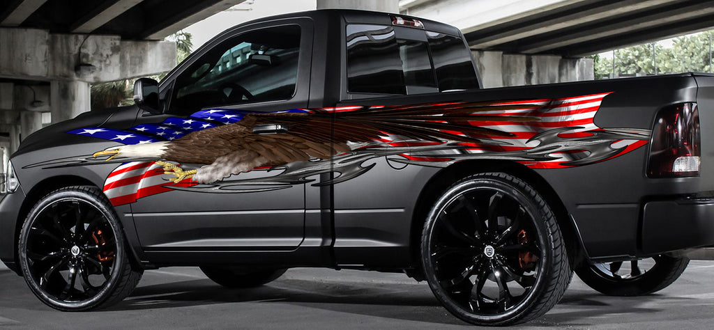 Patriotic Street Racing Truck Vinyl Graphics, US Flag Wrap, Tribal Car Stickers, American Pride Truck Decals, US Eagle Truck Vinyl