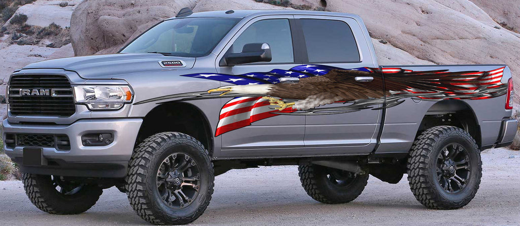 Patriotic Street Racing Truck Vinyl Graphics, US Flag Wrap, Tribal Car Stickers, American Pride Truck Decals, US Eagle Truck Vinyl