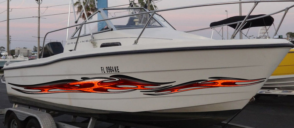 Tribal Speed Boat Vinyl Graphics, Tribal Watercraft Vinyl Decal, Tribal Racing Stripes Boat Wrap, 3D Tribal Boat Full Color Vinyl Sticker