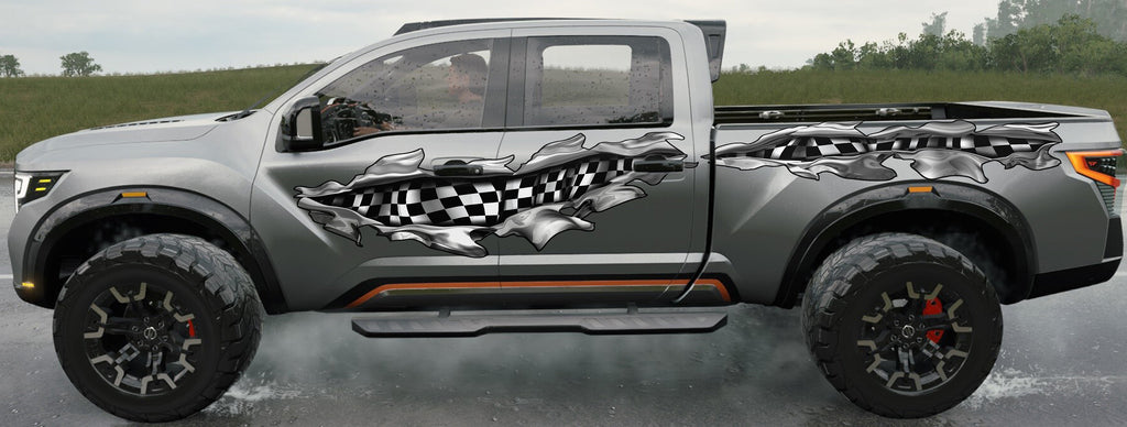 3D Checkered Flag Truck Decal, Racing Flag Truck Vinyl, Checkered Flag Truck Side Full Color Vinyl Sticker, Racing Flag Car Graphics