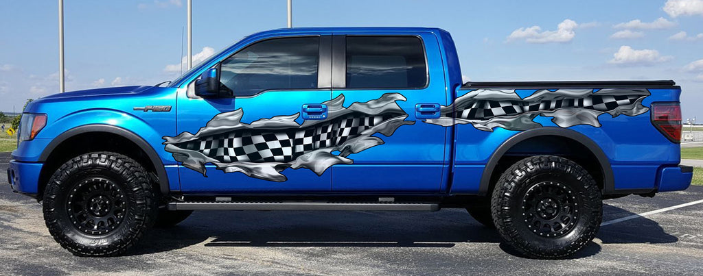 3D Checkered Flag Truck Decal, Racing Flag Truck Vinyl, Checkered Flag Truck Side Full Color Vinyl Sticker, Racing Flag Car Graphics