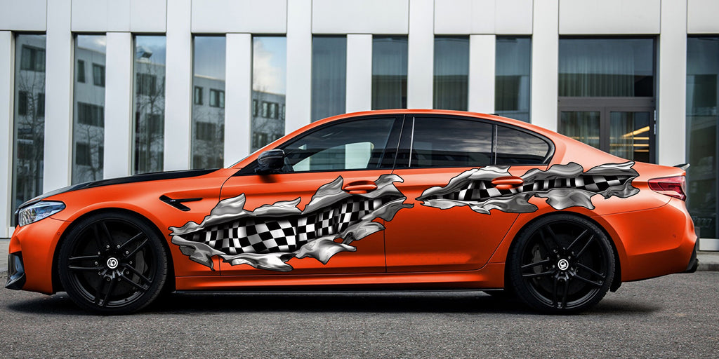 Ripped Metal Checkered Car Sticker, Racing Flag Car Decal, 3D Checkered Flag Car Wrap, Checkered Flag Racing Stripes Vinyl Graphics