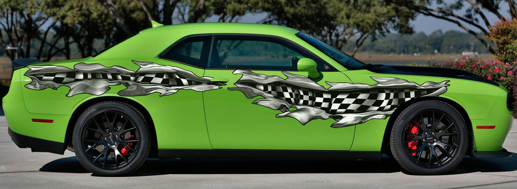 Ripped Metal Checkered Car Sticker, Racing Flag Car Decal, 3D Checkered Flag Car Wrap, Checkered Flag Racing Stripes Vinyl Graphics
