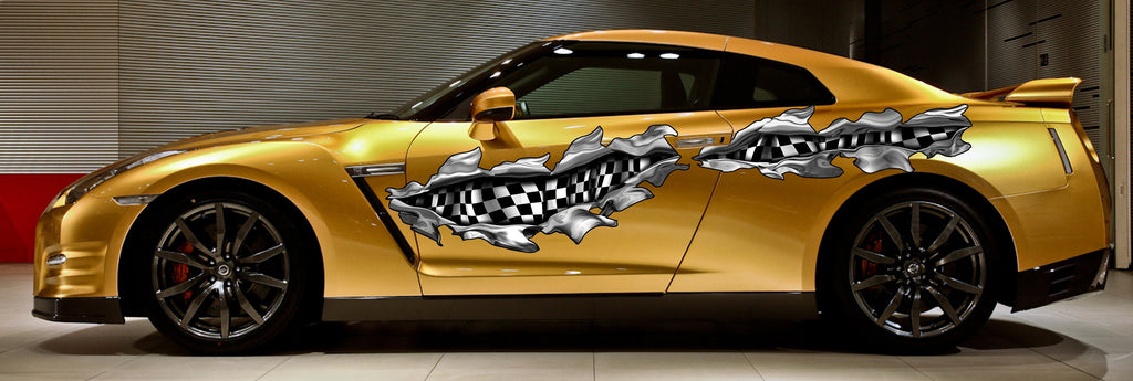 Ripped Metal Checkered Car Sticker, Racing Flag Car Decal, 3D Checkered Flag Car Wrap, Checkered Flag Racing Stripes Vinyl Graphics