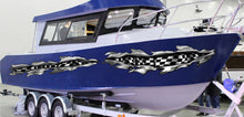 Load image into Gallery viewer, Checkered Flag Ripped Metal Boat Graphics, Racing Flag Boat Decal, Ripped Metal Checkered Flag Boat Sticker, Racing flag Boat Vinyl Wrap