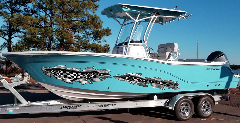 Checkered Flag Ripped Metal Boat Graphics, Racing Flag Boat Decal, Ripped Metal Checkered Flag Boat Sticker, Racing flag Boat Vinyl Wrap