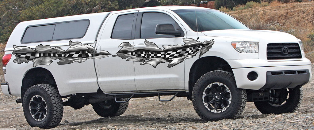 Checkered Flag Truck Decal, Racing Flag Truck Vinyl, Checkered Flag Ripped Metal Full Color Car Vinyl Design, Racing Flag Car Vinyl Wrap