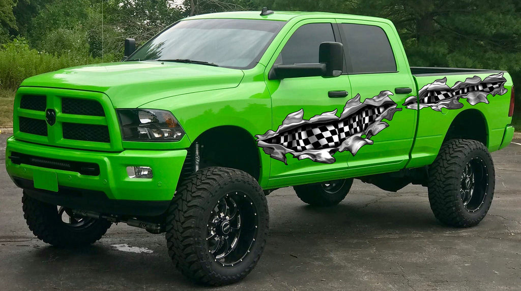 Checkered Flag Truck Decal, Racing Flag Truck Vinyl, Checkered Flag Ripped Metal Full Color Car Vinyl Design, Racing Flag Car Vinyl Wrap