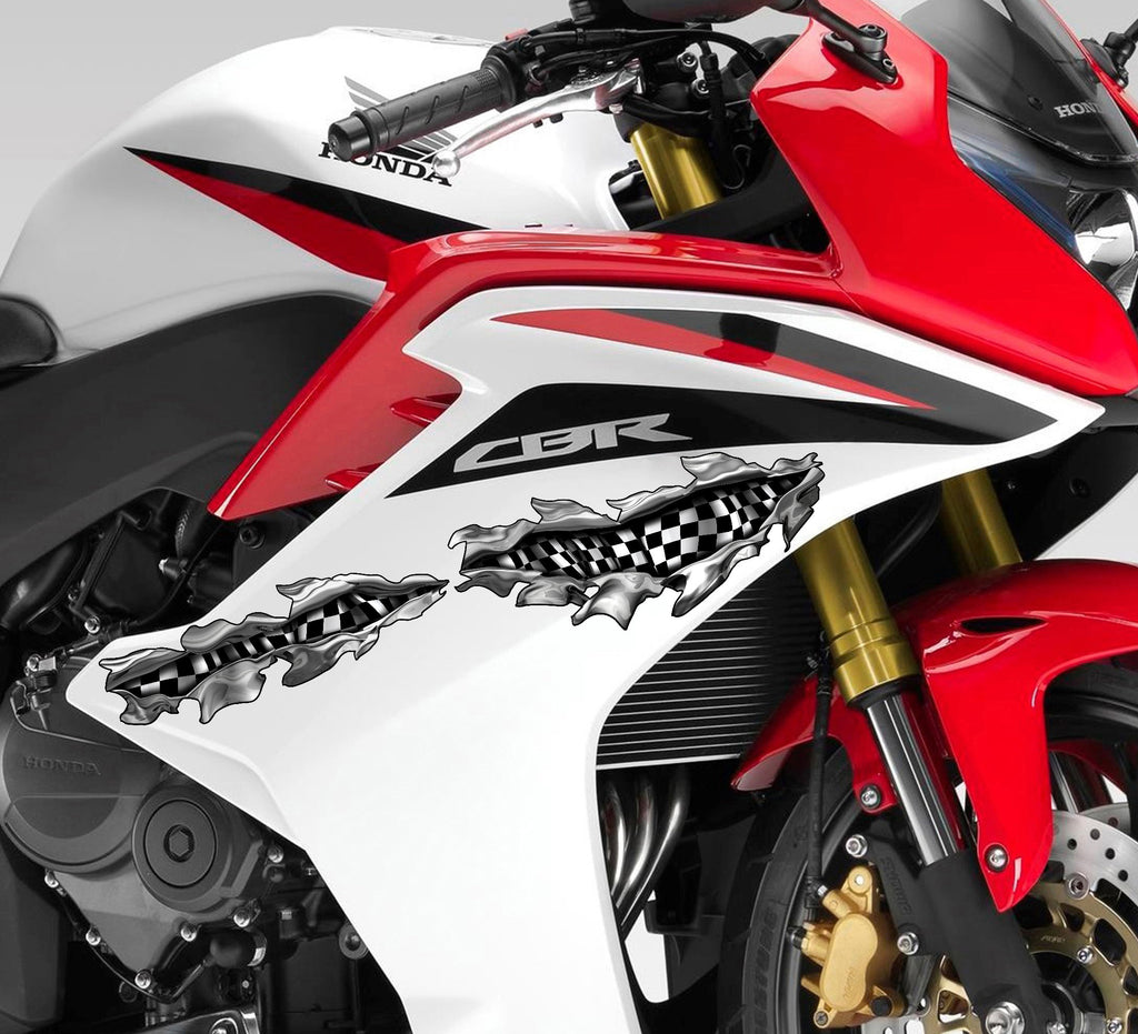 Checkered Flag Motorcycle Decal – 3D Ripped Metal Racing Vinyl Sticker – Full Color Bike, Car, Truck Wrap – Motorsport Graphics