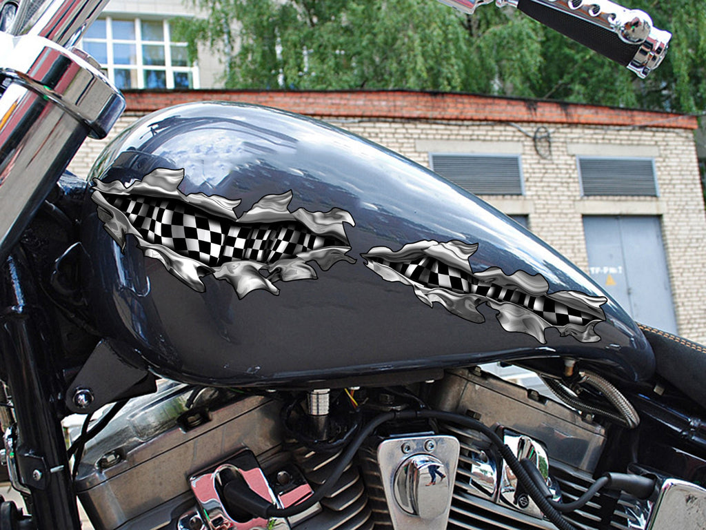 Checkered Flag Motorcycle Decal – 3D Ripped Metal Racing Vinyl Sticker – Full Color Bike, Car, Truck Wrap – Motorsport Graphics