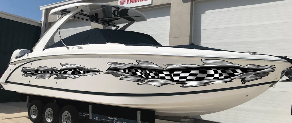 Checkered Flag Boat Full Color Vinyl Decal, Ripped Metal Racing Flag Boat Sticker, Checkered Flag Watercraft Vinyl, Speed Boat Decal Graphic