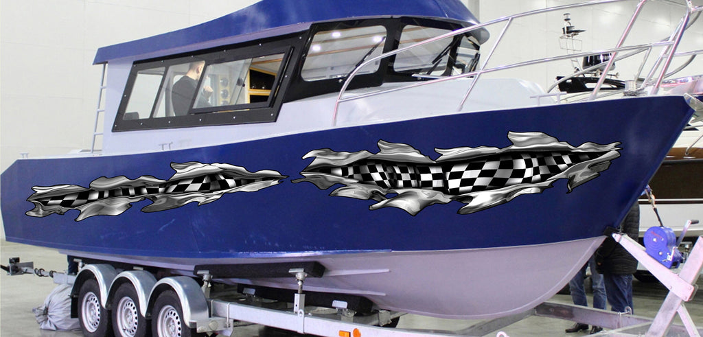 Checkered Flag Boat Full Color Vinyl Decal, Ripped Metal Racing Flag Boat Sticker, Checkered Flag Watercraft Vinyl, Speed Boat Decal Graphic