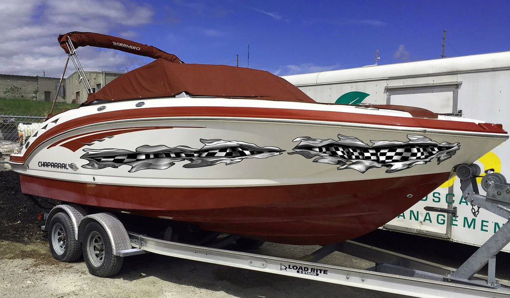Checkered Flag Boat Full Color Vinyl Decal, Ripped Metal Racing Flag Boat Sticker, Checkered Flag Watercraft Vinyl, Speed Boat Decal Graphic