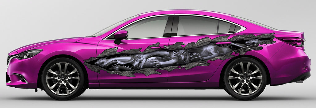 Dragon Car Vinyl Design, 3D Lizard Street Racing Wrap, 3D Dragons Car Ripped Metal Full Color Vinyl, Lizard Ripped Metal Car Decal