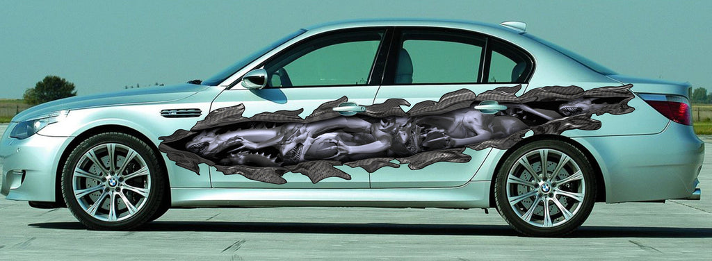 Dragon Car Vinyl Design, 3D Lizard Street Racing Wrap, 3D Dragons Car Ripped Metal Full Color Vinyl, Lizard Ripped Metal Car Decal