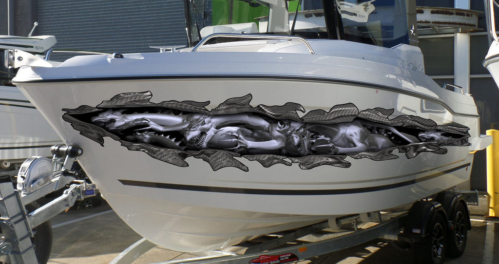 Tribal Dragon Boat Graphics, 3D Dragons Boat Wrap, Dragon Boat Vinyl Side Design, 3D Lizard Jet ski Decals, 3D Tribal Dragon Boat Sticker