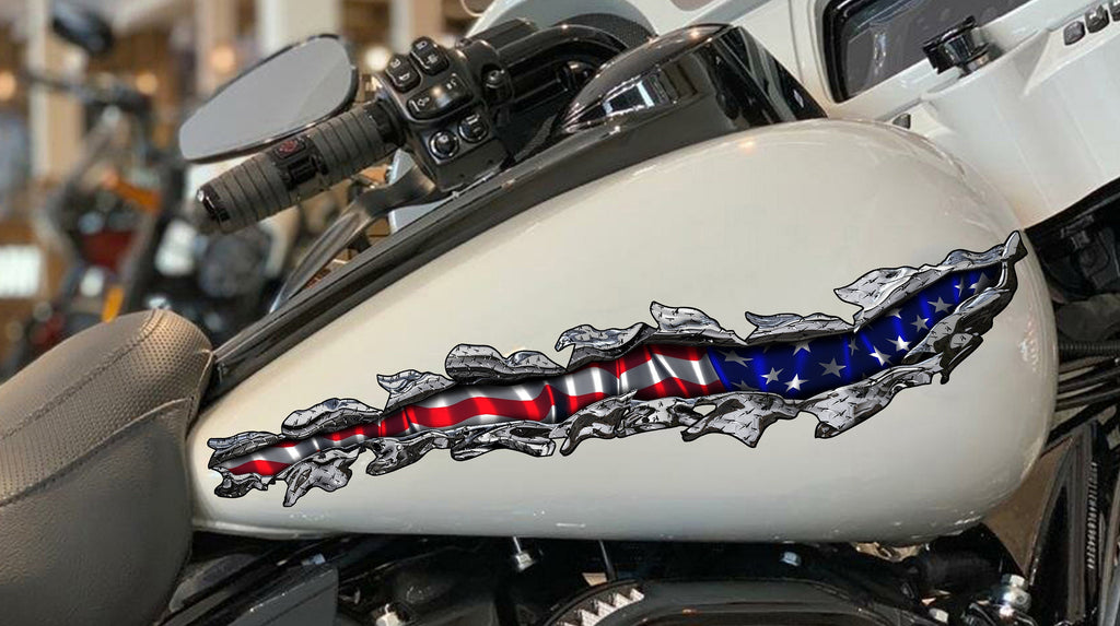 Ripped Metal USA Flag Bike Vinyl Graphics, USA Flag Motorcycle Vinyl Decal, American Flag Bike Decal, USA Flag Crotch Rocket Sticker