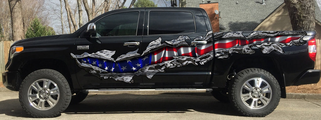 American Flag Car Sticker, USA Flag Truck Side Full Color Vinyl Decal, 3D Ripped USA Flag Truck Wrap, USA Flag Car Vinyl Side Graphics