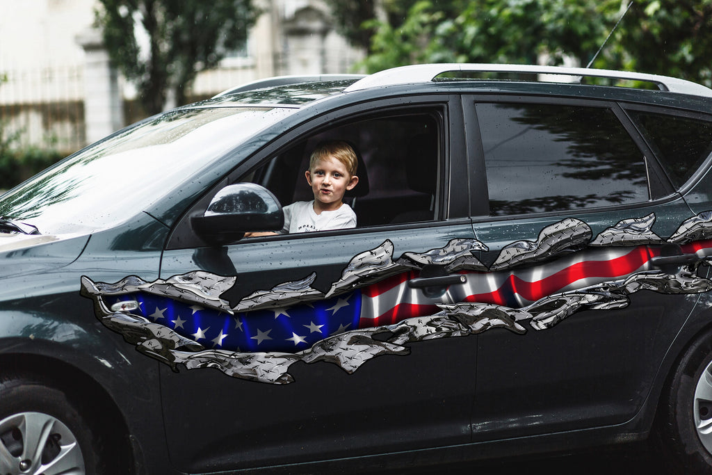 American Flag Car Sticker, USA Flag Truck Side Full Color Vinyl Decal, 3D Ripped USA Flag Truck Wrap, USA Flag Car Vinyl Side Graphics
