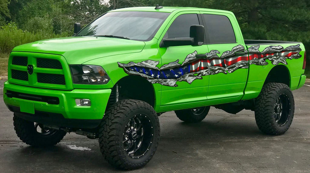 American Flag Car Sticker, USA Flag Truck Side Full Color Vinyl Decal, 3D Ripped USA Flag Truck Wrap, USA Flag Car Vinyl Side Graphics