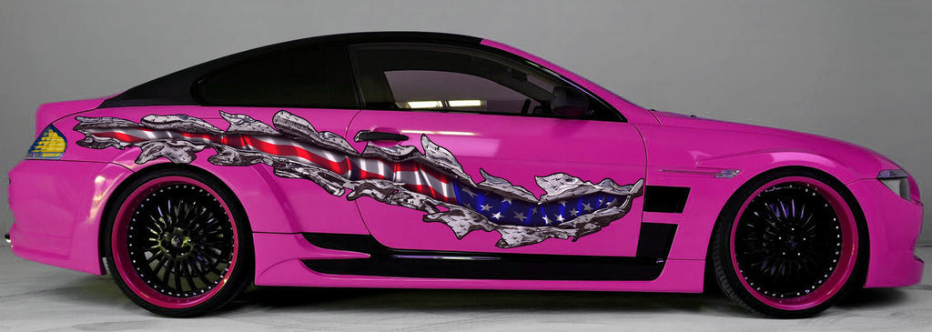 American Flag full color car side graphics, 3D Ripped Metal USA Flag Car Decal, 3D USA Flag Car Side Wrap, USA Flag Car Vinyl Sticker