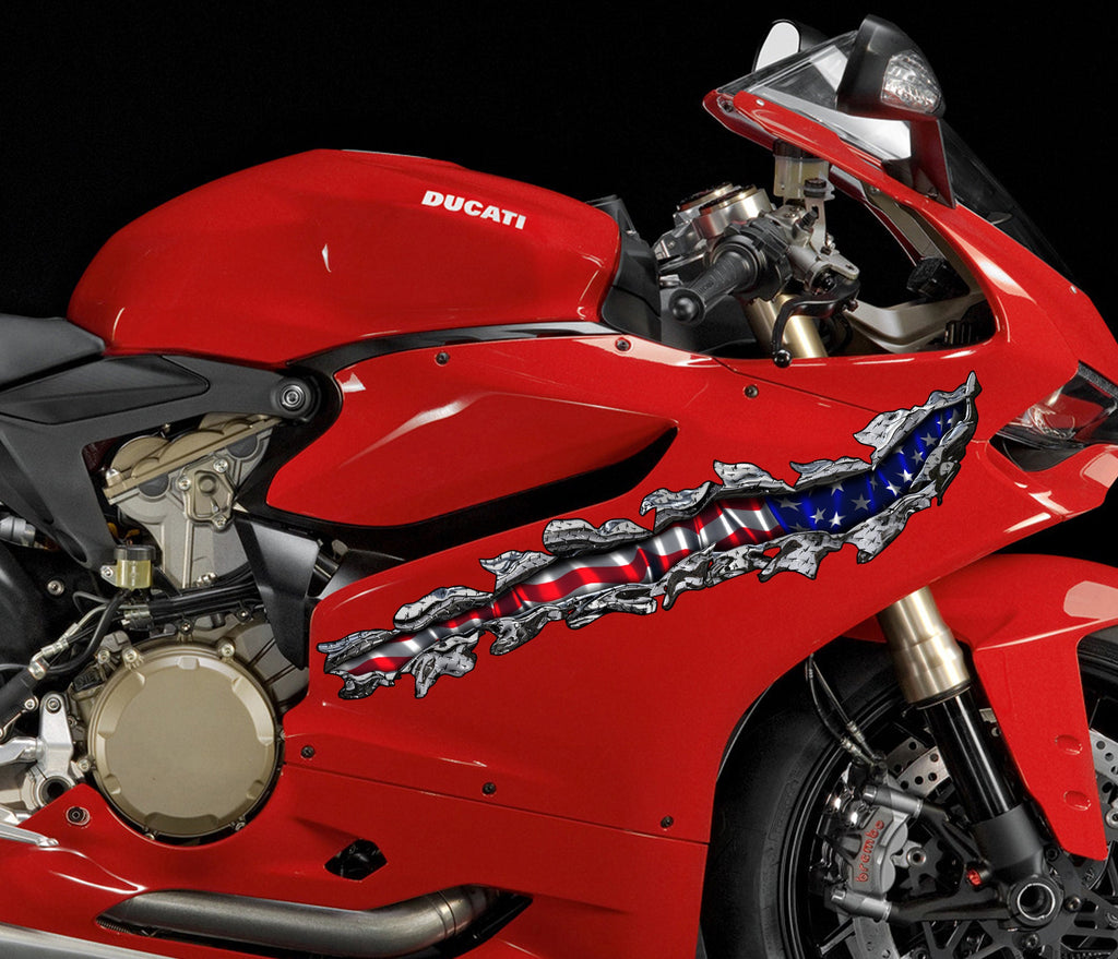 US Flag crotch rocket vinyl graphic, Ripped Metal full color bike design, 3D American flag bike vinyl decal, USA Flag Crotch Rocket Graphics