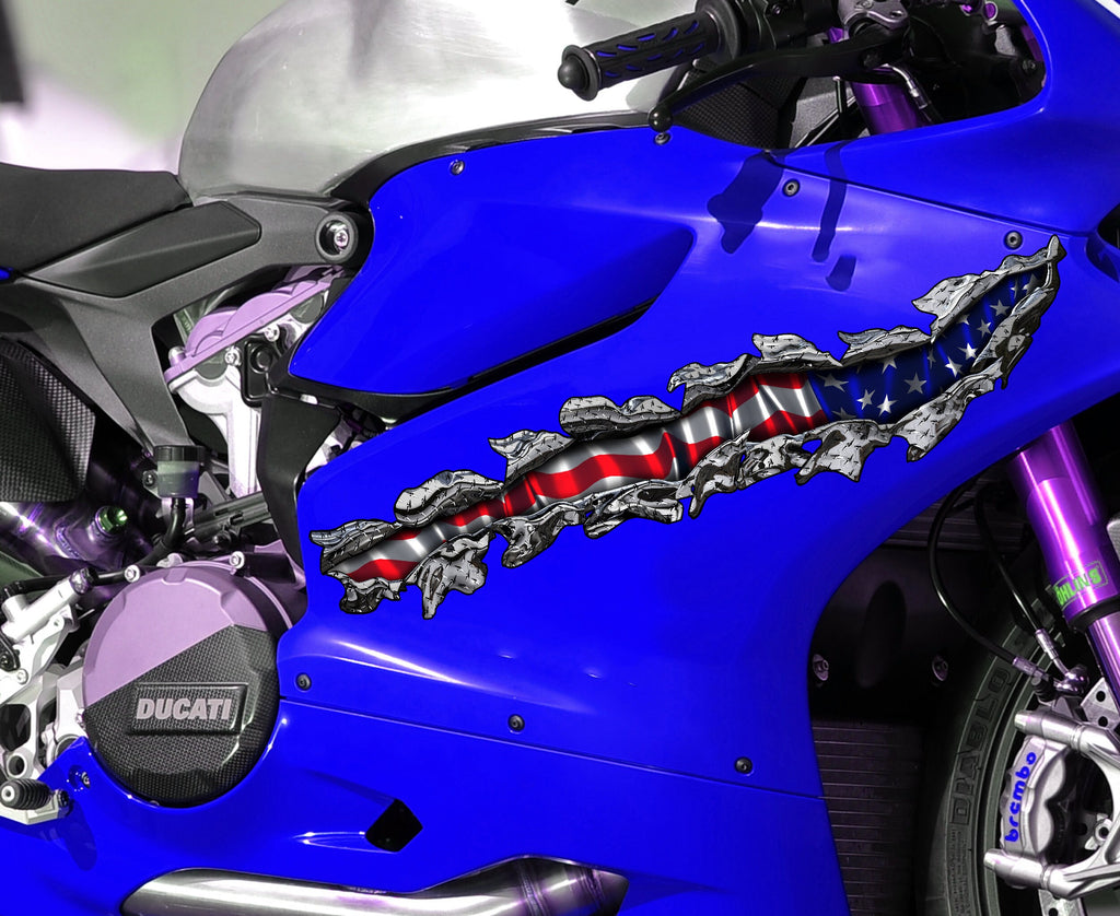 US Flag crotch rocket vinyl graphic, Ripped Metal full color bike design, 3D American flag bike vinyl decal, USA Flag Crotch Rocket Graphics