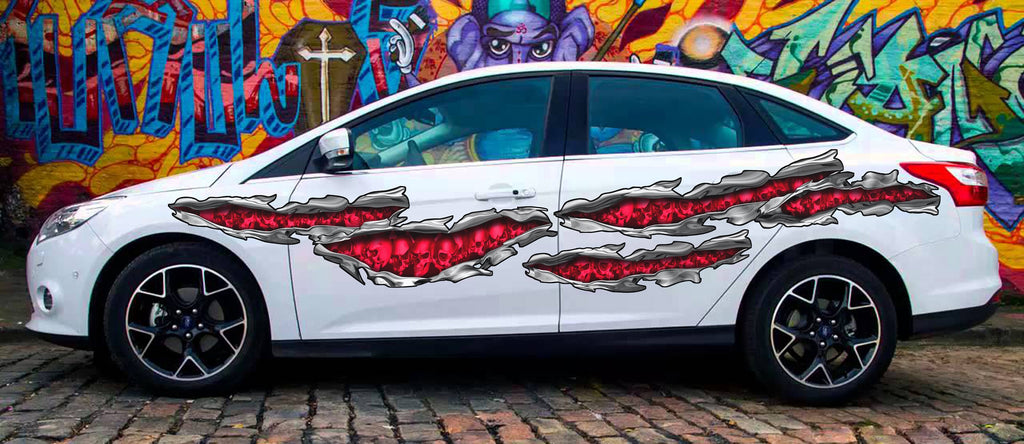 Skulls Ripped Metal Tribal Car Wrap, 3D Skulls Car Sticker, Skulls Car Decal, Skulls Car Graphics, 3D Skulls Racing Stripes Vinyl Sticker