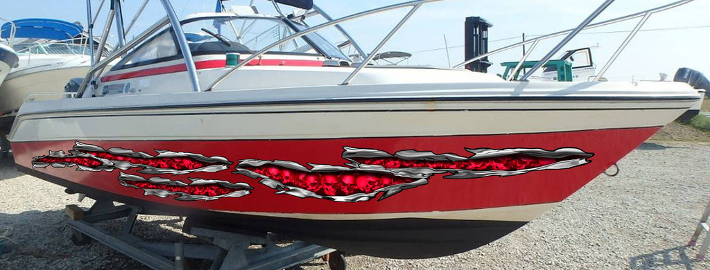 Skulls Bones Ripped Metal Vinyl Sticker, Pirate Boat Wrap, Full Color Cigar Boat Graphics Vinyl Decal, Skulls Racing Stripes Boat Graphics