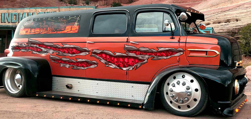 3D Pirate Skull Truck Vinyl Decal, Skulls Ripped Metal Car Wrap, Skull Racing Stripes Car Sticker, Skulls Full Color Truck Side Graphics