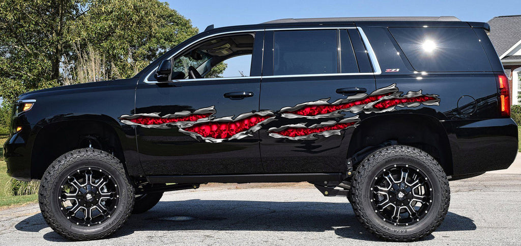 3D Pirate Skull Truck Vinyl Decal, Skulls Ripped Metal Car Wrap, Skull Racing Stripes Car Sticker, Skulls Full Color Truck Side Graphics