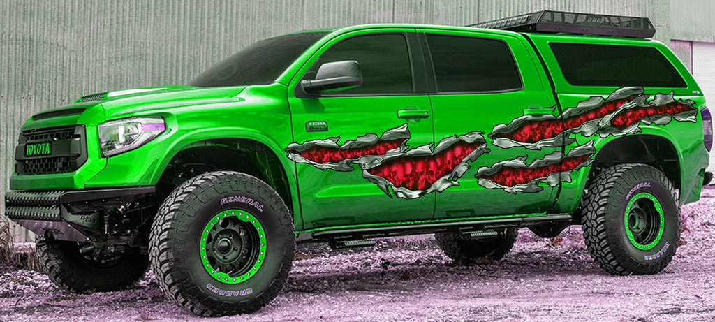 3D Pirate Skull Truck Vinyl Decal, Skulls Ripped Metal Car Wrap, Skull Racing Stripes Car Sticker, Skulls Full Color Truck Side Graphics