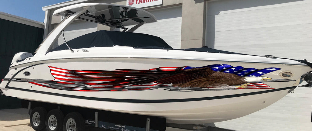 US Bald Eagle Full Color Yacht Graphics, USA Flag Tribal Watercraft Vinyl, American pride Cigar Boat Side Graphics, Patriotic Sticker