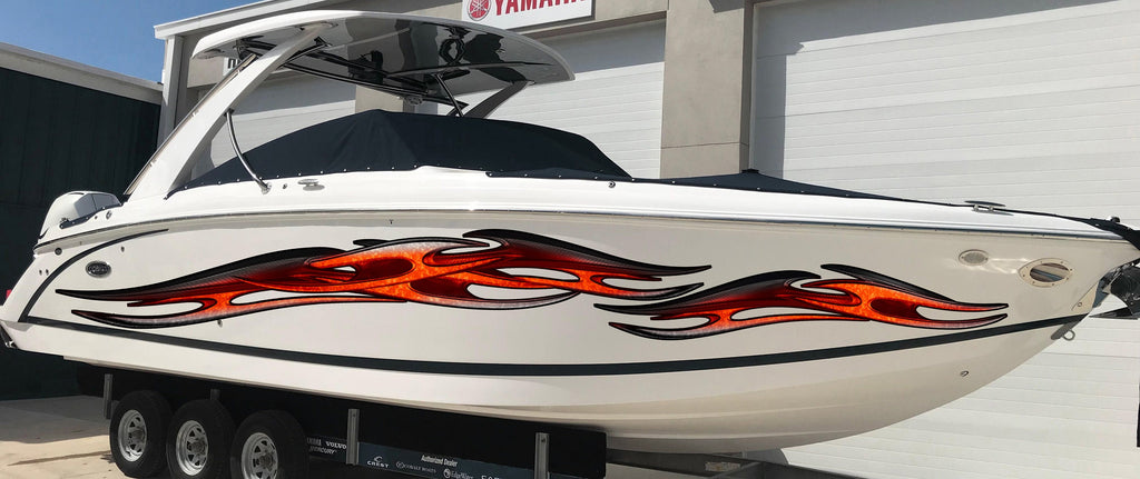 Tribal Speed Boat Vinyl Graphics, Tribal Watercraft Vinyl Decal, Tribal Racing Stripes Boat Wrap, 3D Tribal Boat Full Color Vinyl Sticker