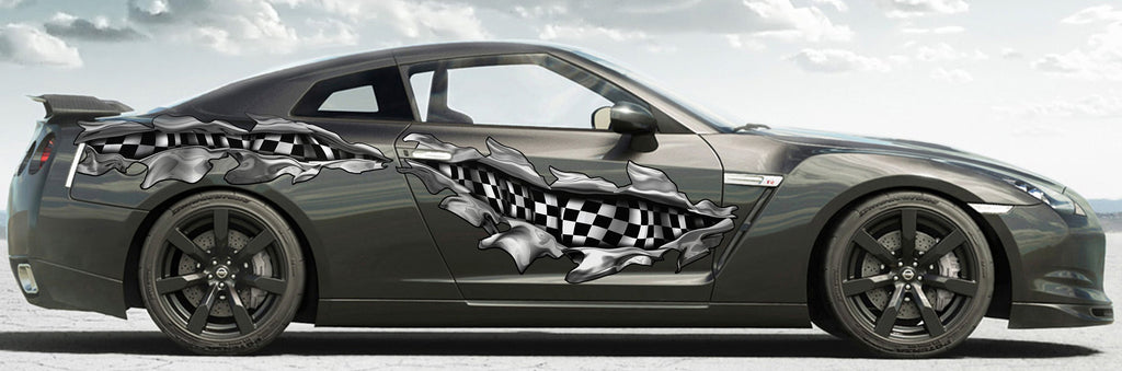 Ripped Metal Checkered Car Sticker, Racing Flag Car Decal, 3D Checkered Flag Car Wrap, Checkered Flag Racing Stripes Vinyl Graphics