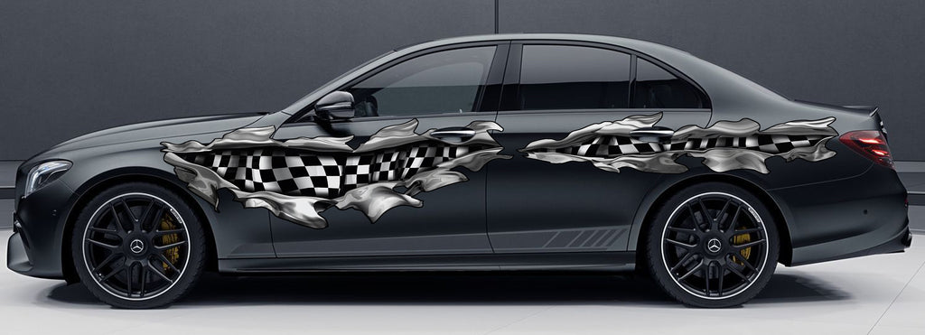 Ripped Metal Checkered Car Sticker, Racing Flag Car Decal, 3D Checkered Flag Car Wrap, Checkered Flag Racing Stripes Vinyl Graphics