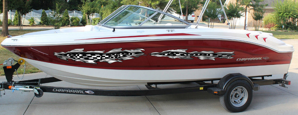 Checkered Flag Ripped Metal Boat Graphics, Racing Flag Boat Decal, Ripped Metal Checkered Flag Boat Sticker, Racing flag Boat Vinyl Wrap