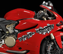 Load image into Gallery viewer, Checkered Flag Motorcycle Decal – 3D Ripped Metal Racing Vinyl Sticker – Full Color Bike, Car, Truck Wrap – Motorsport Graphics
