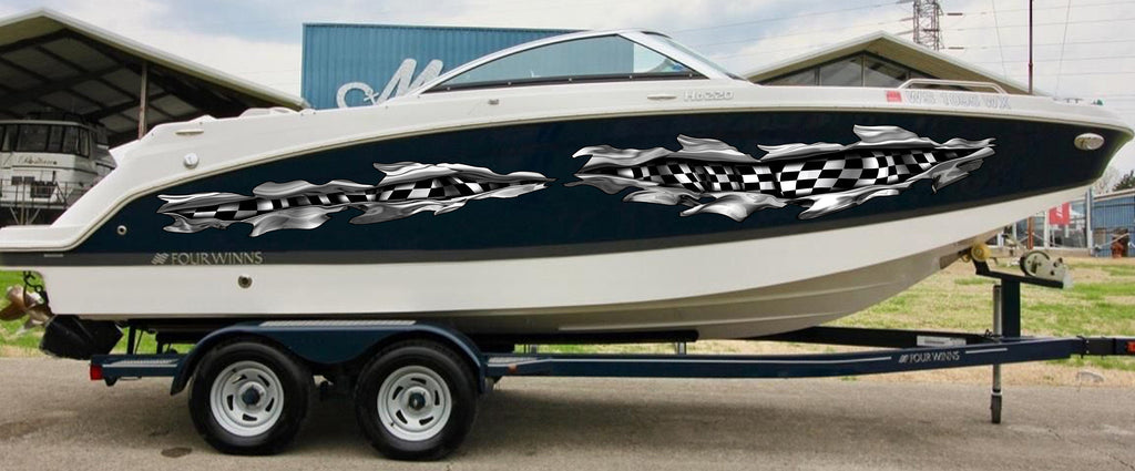 Checkered Flag Boat Full Color Vinyl Decal, Ripped Metal Racing Flag Boat Sticker, Checkered Flag Watercraft Vinyl, Speed Boat Decal Graphic