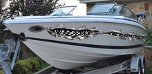 Load image into Gallery viewer, Checkered Flag Boat Full Color Vinyl Decal, Ripped Metal Racing Flag Boat Sticker, Checkered Flag Watercraft Vinyl, Speed Boat Decal Graphic