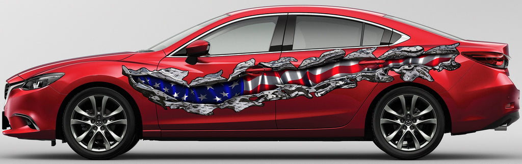 US Flag Car Wrap, American Flag Car Side Design, Big Flag Car Decals, US Pride Car Vinyl Sticker, US Flag Ripped Metal Car Vinyl Decal