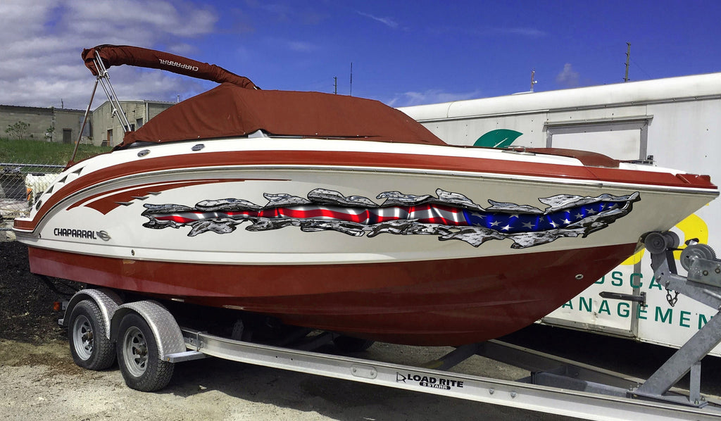 USA Flag Boat Wrap, American pride Boat Vinyl, US Flag Ripped Metal Boat Vinyl Decal, Flag Boat Graphics, Full Color USA Flag Boat Sticker