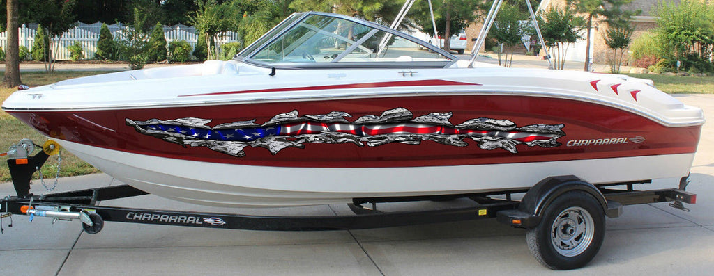 USA Flag Boat Wrap, American pride Boat Vinyl, US Flag Ripped Metal Boat Vinyl Decal, Flag Boat Graphics, Full Color USA Flag Boat Sticker